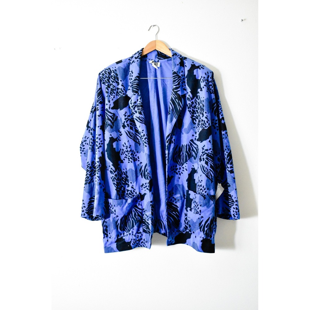 Shaker Sport Open Front Jacket Women XL Purple 70s Animal Print Oversized Pocket